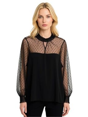 Black Sheer Polka Dot Yoke Blouse with Smocked Neck